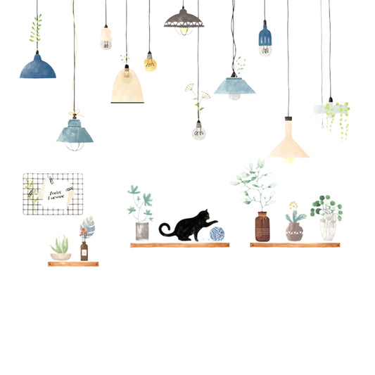 Green Potted Plants Shelves and Lamps Wall Stickers