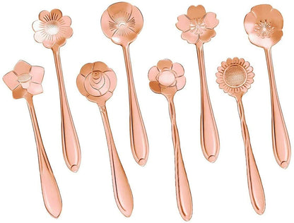 8-Pack Rose Gold Floral Stainless Steel Coffee & Tea Spoon Set
