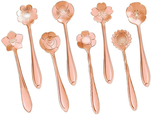 8-Pack Rose Gold Floral Stainless Steel Coffee & Tea Spoon Set