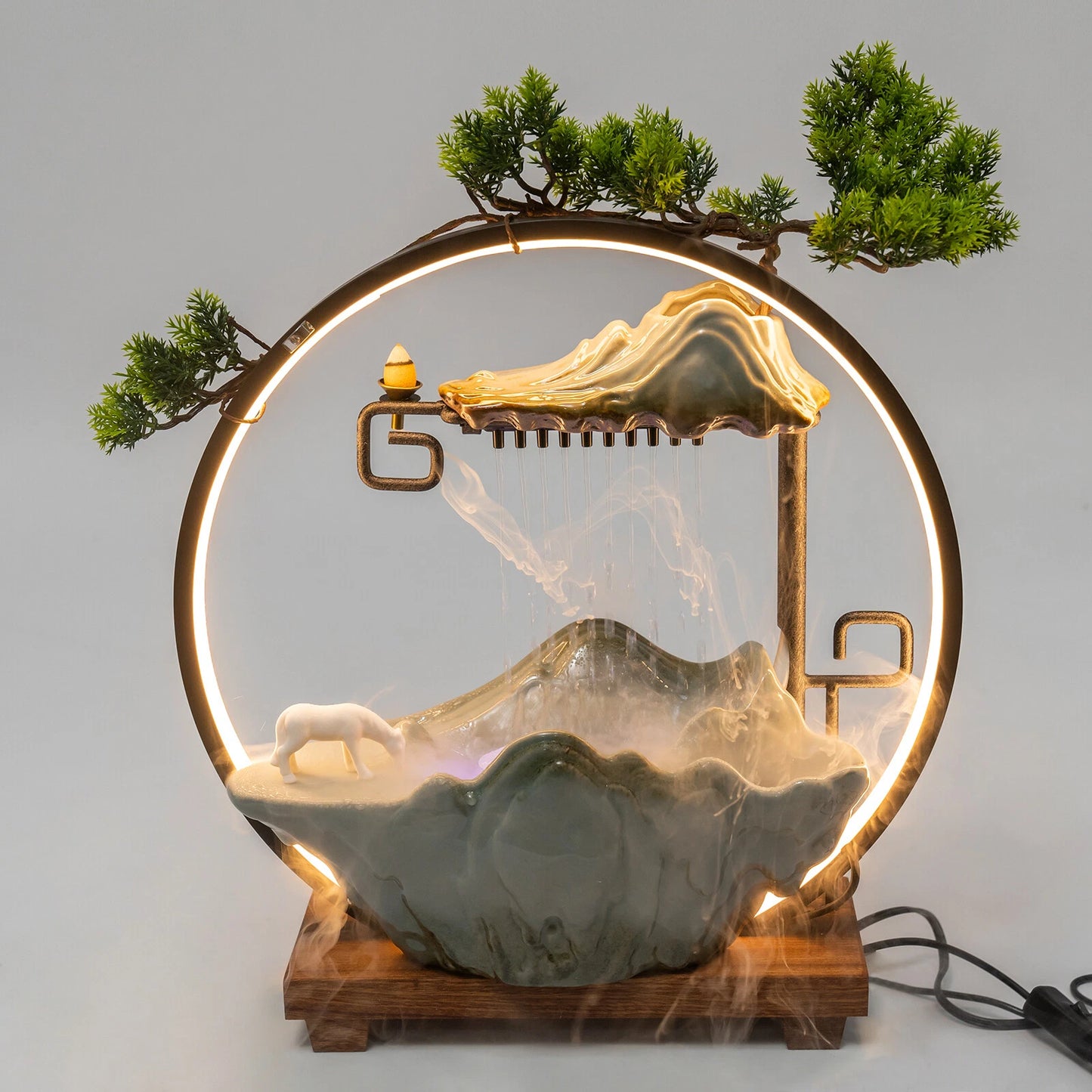 LED Tabletop Water Fountain with Indoor Faux Plants & Mist