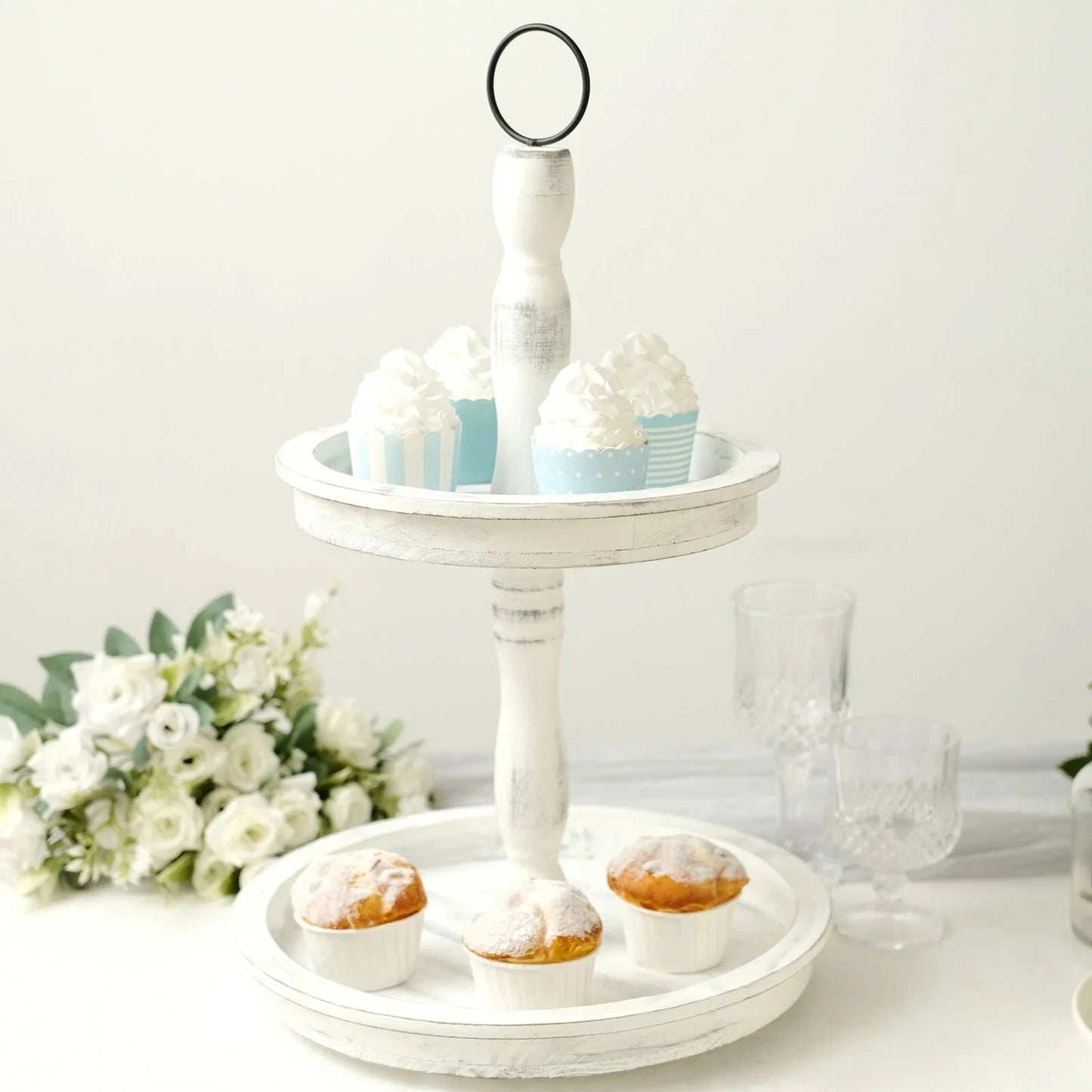 Home Collection 2-Tier Wooden Dessert Stand 20" – Whitewashed Cupcake