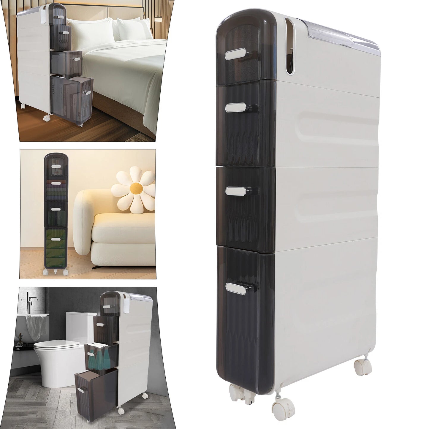 4-Tier Slim Bathroom Storage Cabinet with Drawers & Casters