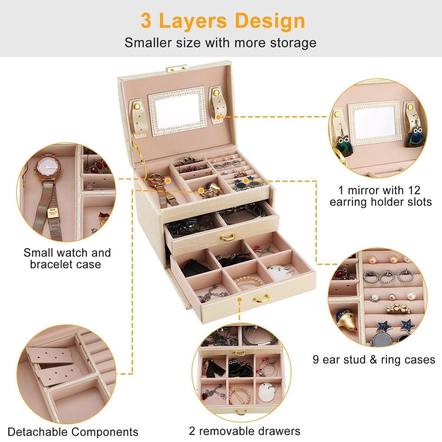 Home Collection 3-Layer PU Leather Lockable Jewelry Box