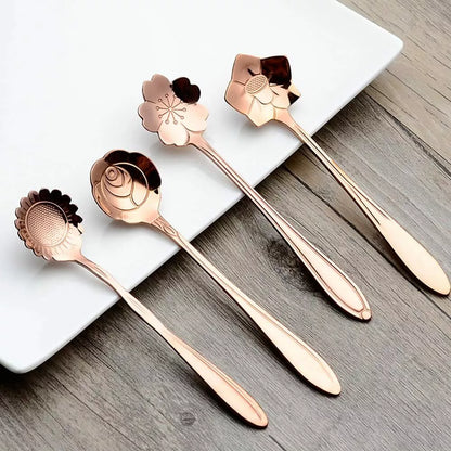 8-Pack Rose Gold Floral Stainless Steel Coffee & Tea Spoon Set