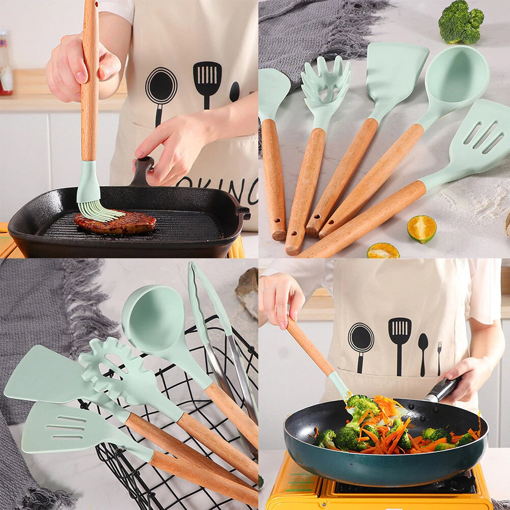 11-Piece Silicone Kitchen Utensil Set with Wooden Handles