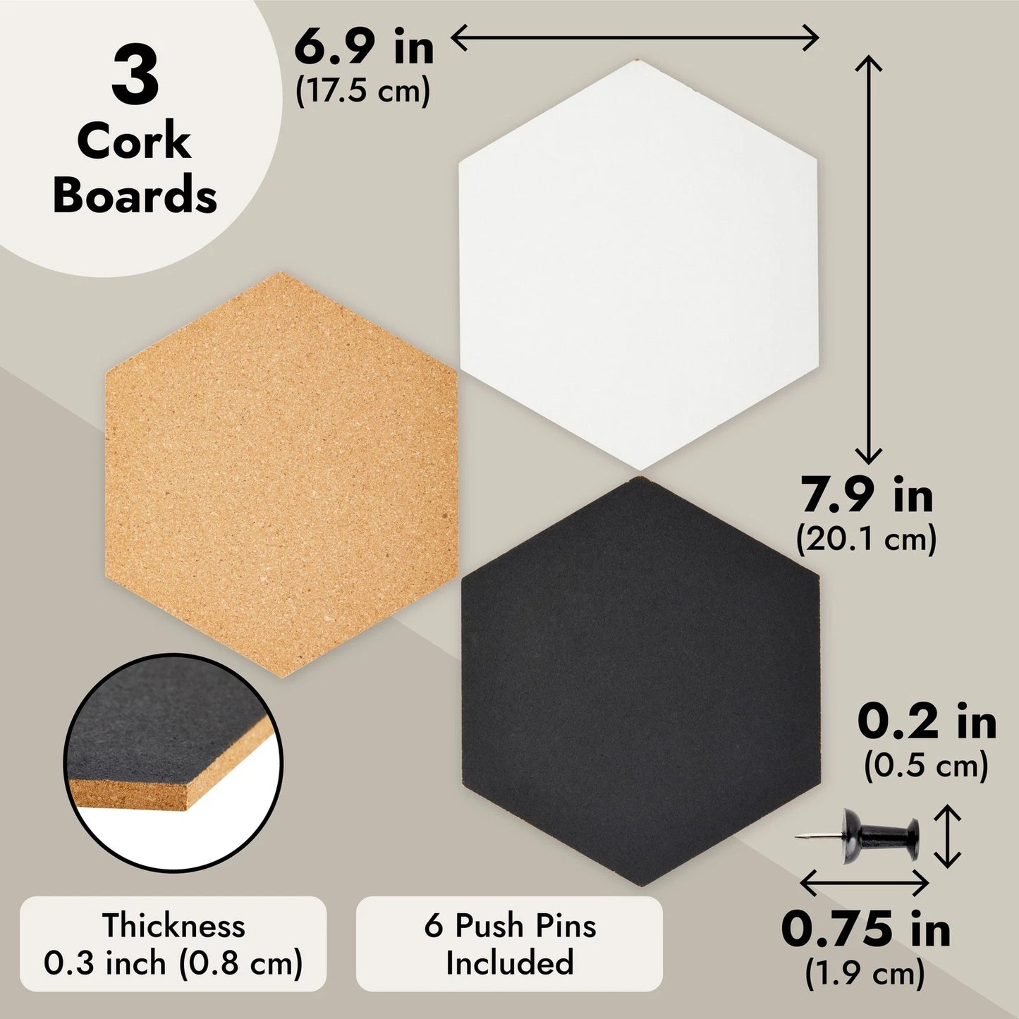 3-Pack Hexagon Cork Board Tiles with Pins