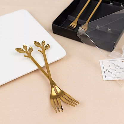 4 Gold Metal Dessert Forks with Leaf Handles in Gift Box