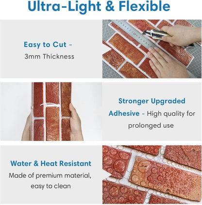 Home Collection 20Pcs 3D Red Brick Peel and Stick Wall Panels 12"x12"