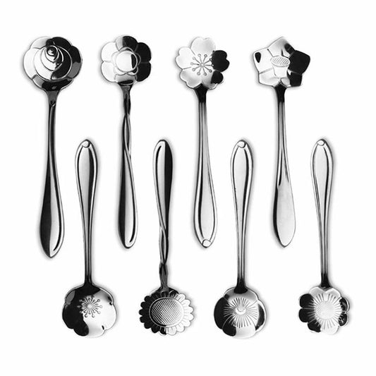 8-Pack Silver Floral Stainless Steel Coffee & Tea Spoon Set