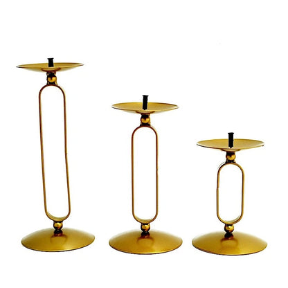 3 Gold Geometric Oval Metal Pillar Candle Holders