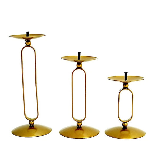 3 Gold Geometric Oval Metal Pillar Candle Holders