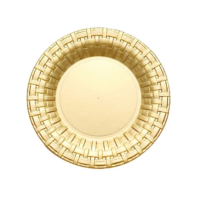Home Collection 7" Gold Round Plastic Dessert Plates – Basketweave Design Party Tableware