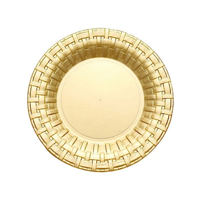 Home Collection 7" Gold Round Plastic Dessert Plates – Basketweave Design Party Tableware
