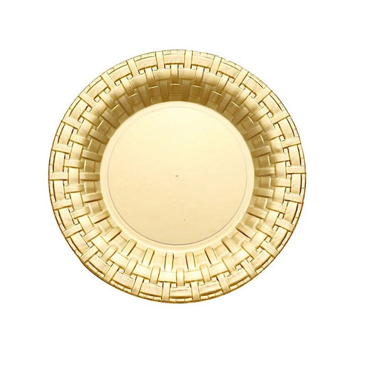 Home Collection 7" Gold Round Plastic Dessert Plates – Basketweave Design Party Tableware