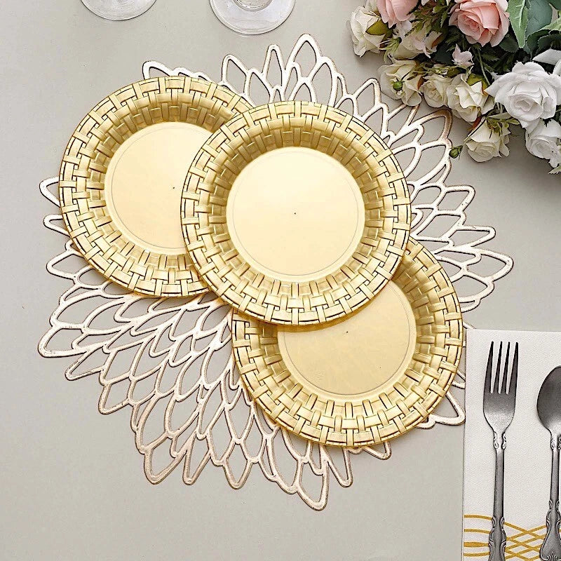 Home Collection 7" Gold Round Plastic Dessert Plates – Basketweave Design Party Tableware