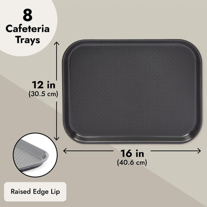 8-Pack Black Plastic Non-Slip Cafeteria Serving Trays