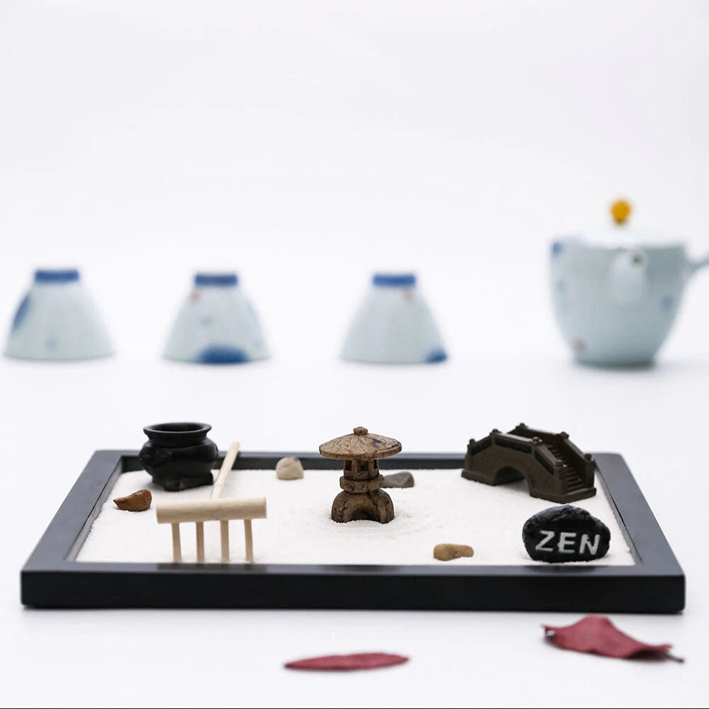 Tabletop Mini Meditation Zen Garden with Pavilion Statue