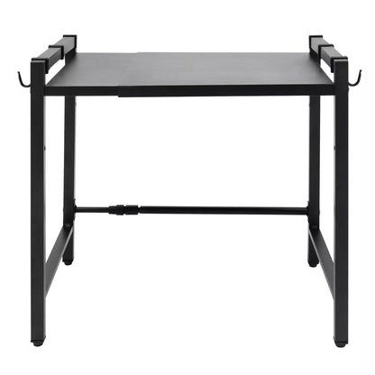 Adjustable Microwave Stand Black Carbon Steel Shelf with Hooks