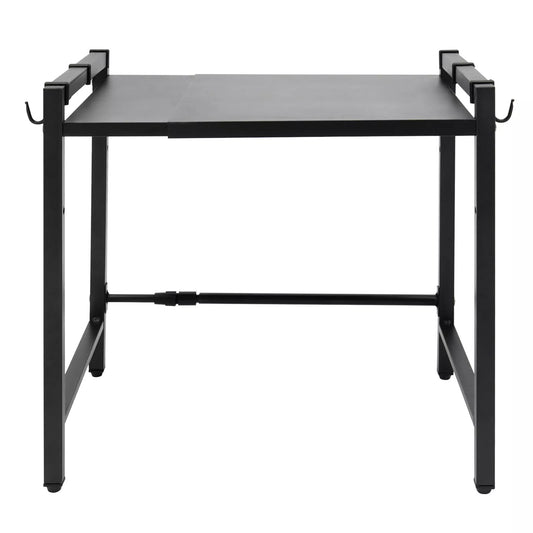 Adjustable Microwave Stand Black Carbon Steel Shelf with Hooks