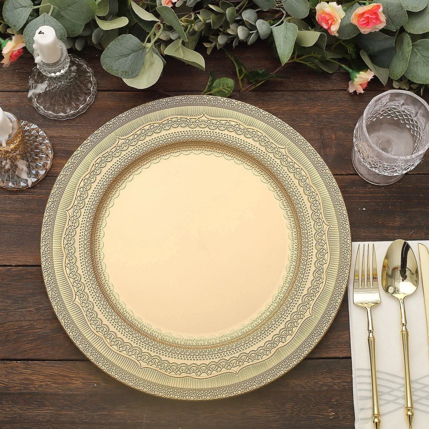 Home Collection 6-Pack 13" Round Acrylic Charger Plates – Lace Embossed Rim Decorative Chargers