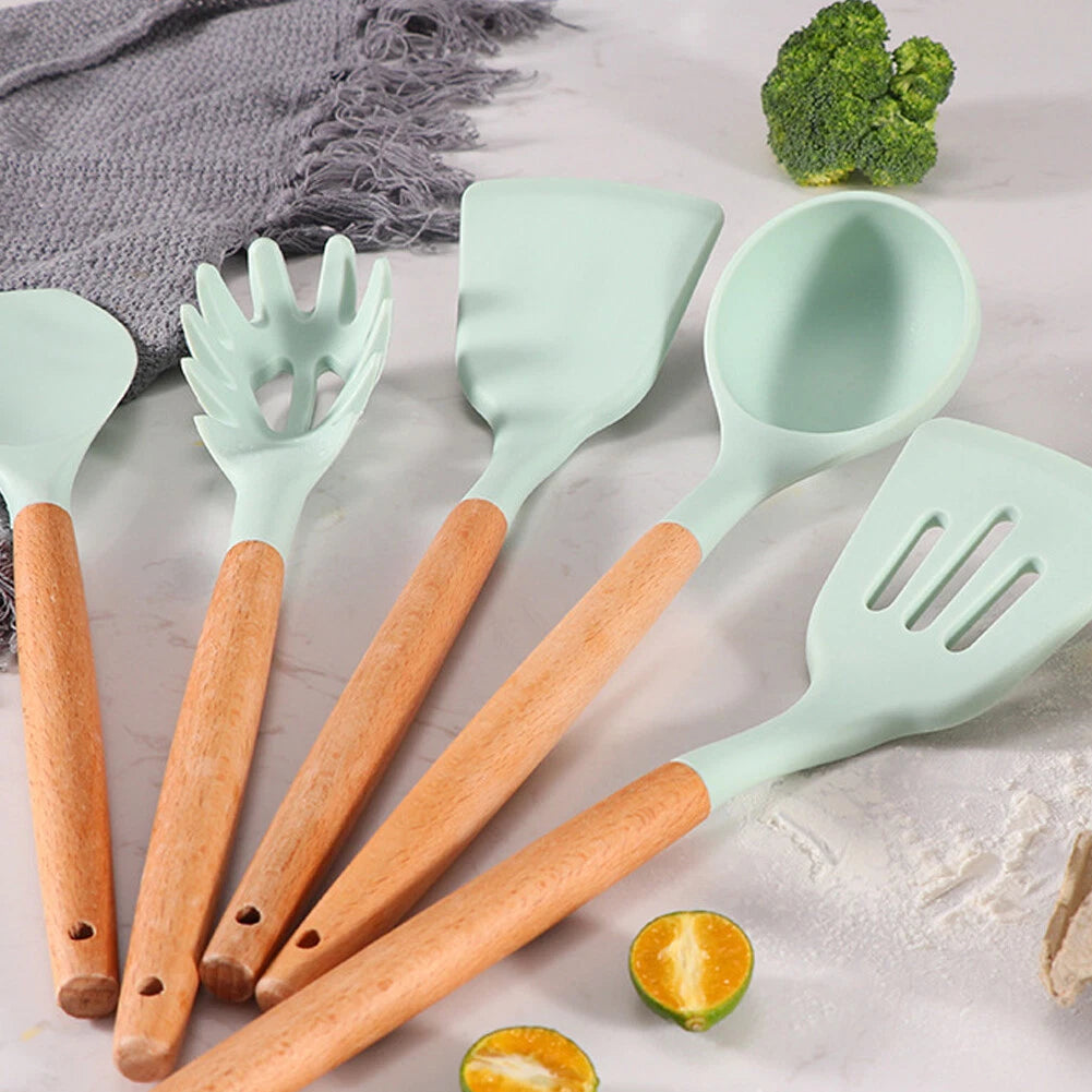11-Piece Silicone Kitchen Utensil Set with Wooden Handles