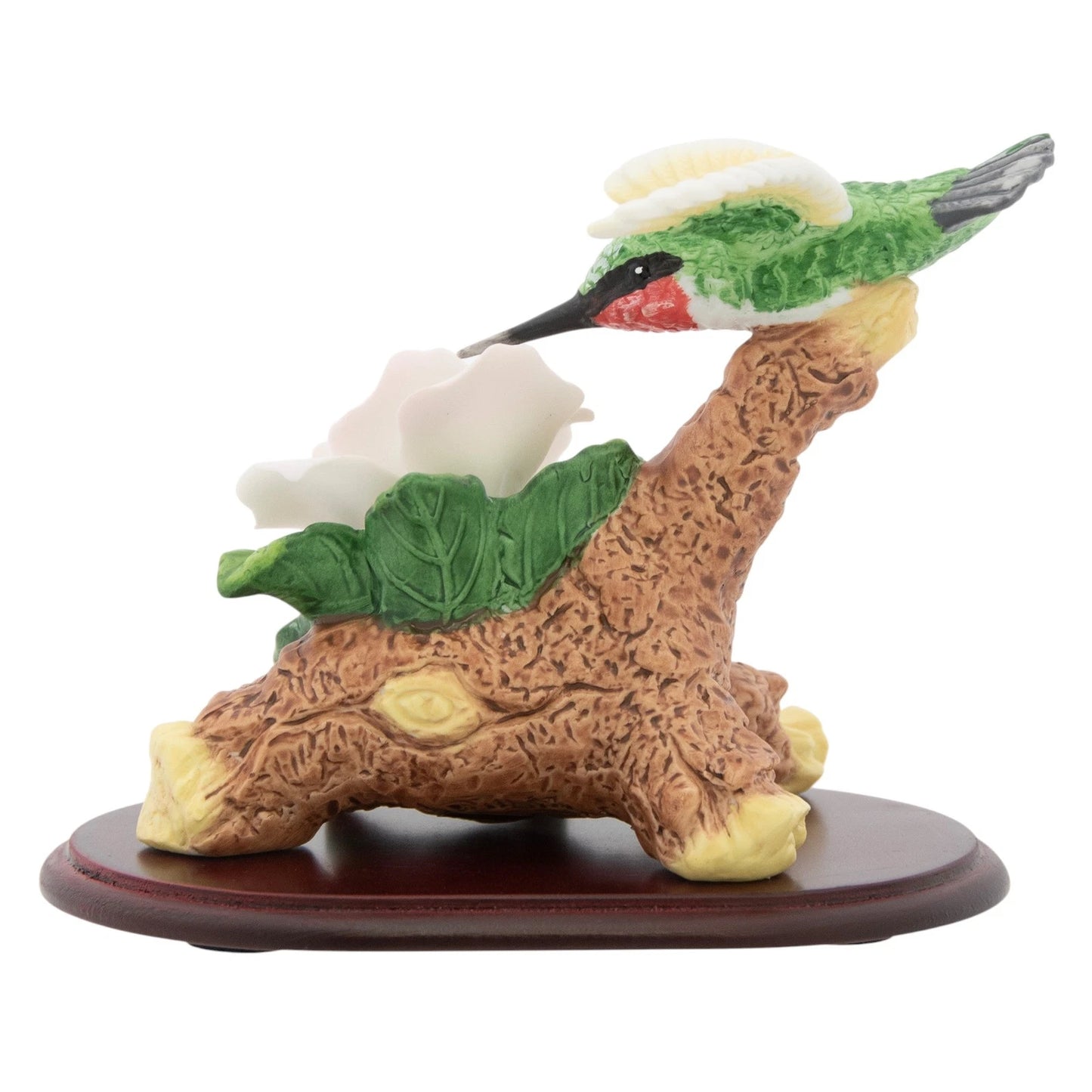 Porcelain Hummingbird with White Roses Figurine on Wooden Pedestal