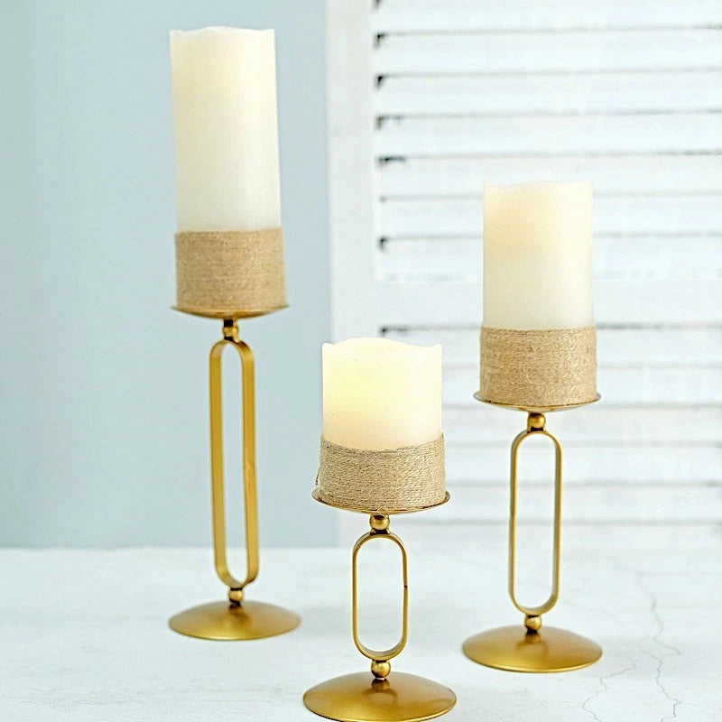 3 Gold Geometric Oval Metal Pillar Candle Holders