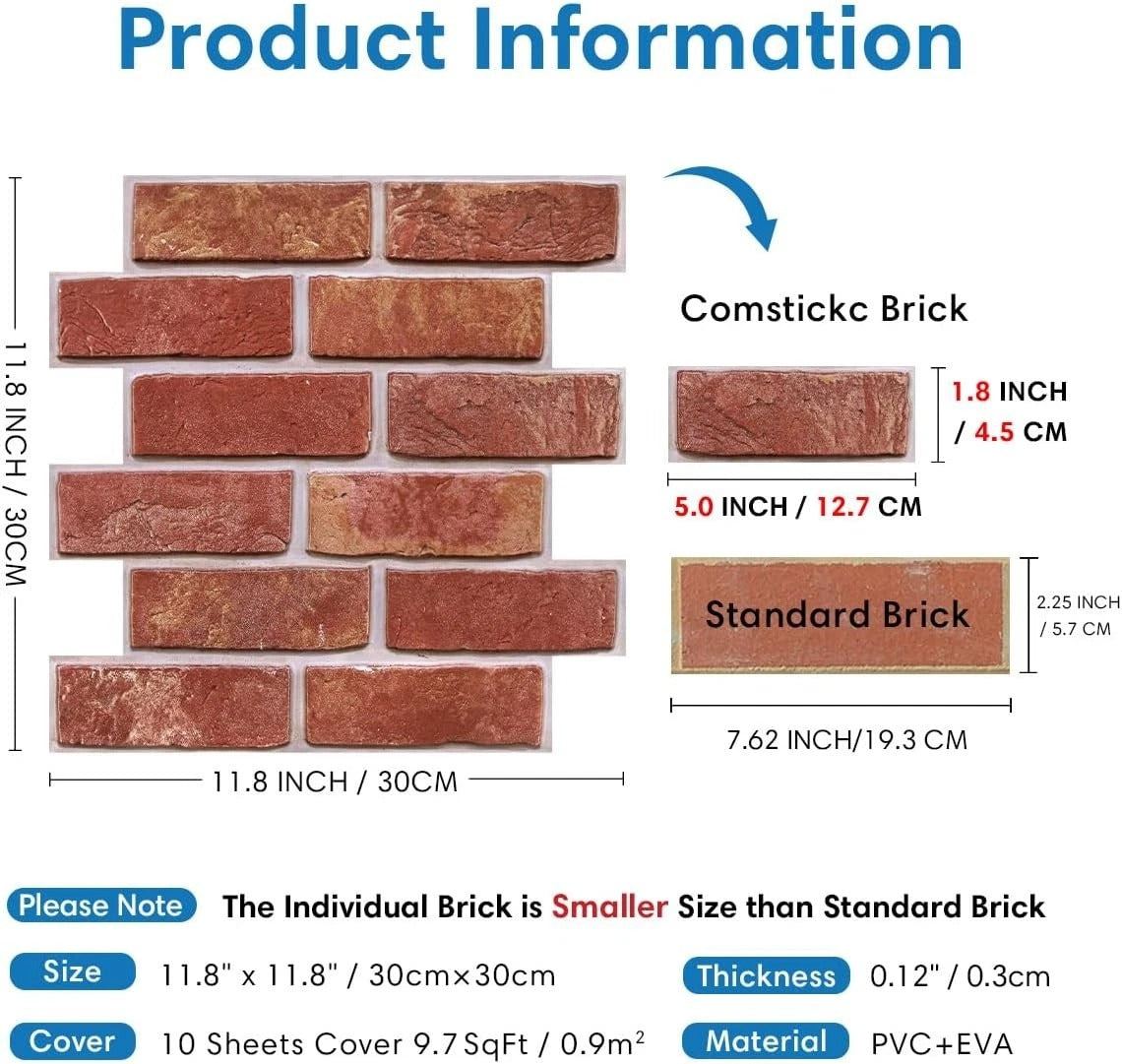 Home Collection 20Pcs 3D Red Brick Peel and Stick Wall Panels 12"x12"