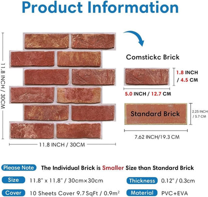 Home Collection 20Pcs 3D Red Brick Peel and Stick Wall Panels 12"x12"
