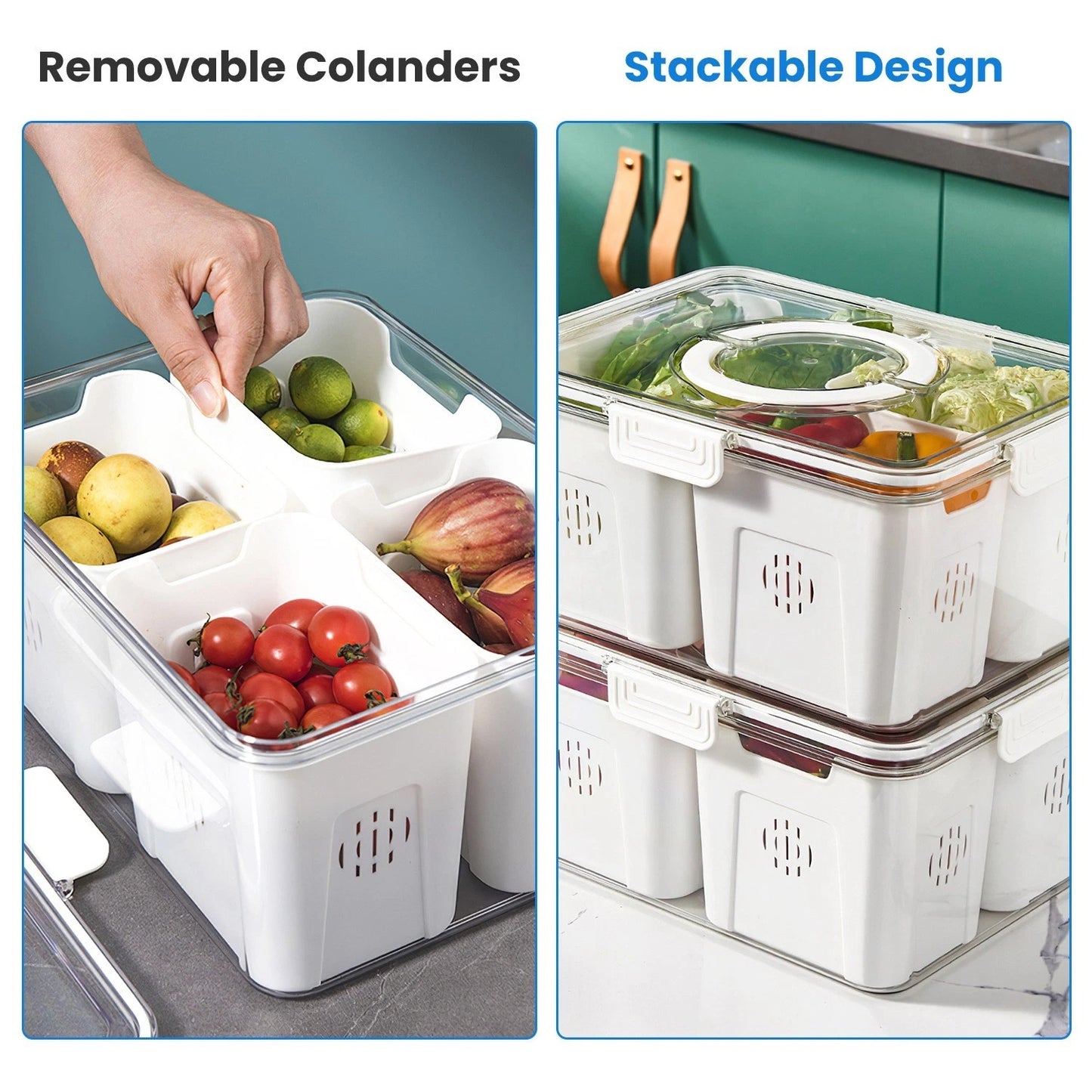 Home Collection  2Pcs 4-Grid Airtight Fruit Storage Containers with Lids