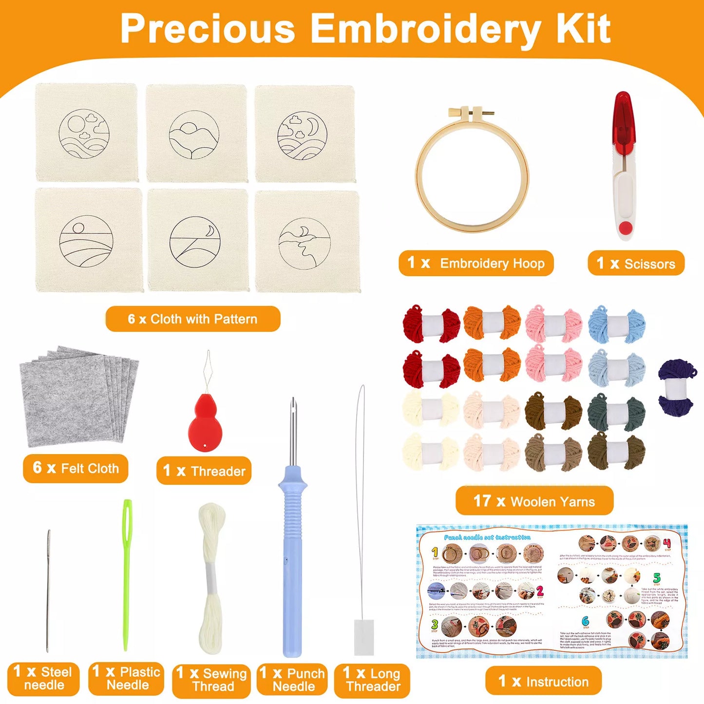 6pcs Punch Needle Coaster Embroidery Kit
