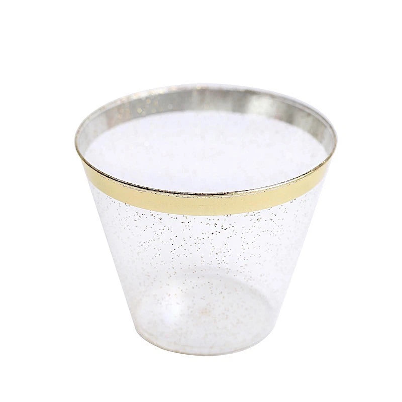 Home Collection 25-Pack Clear 9 oz Glittered Plastic Cups with Gold Rim