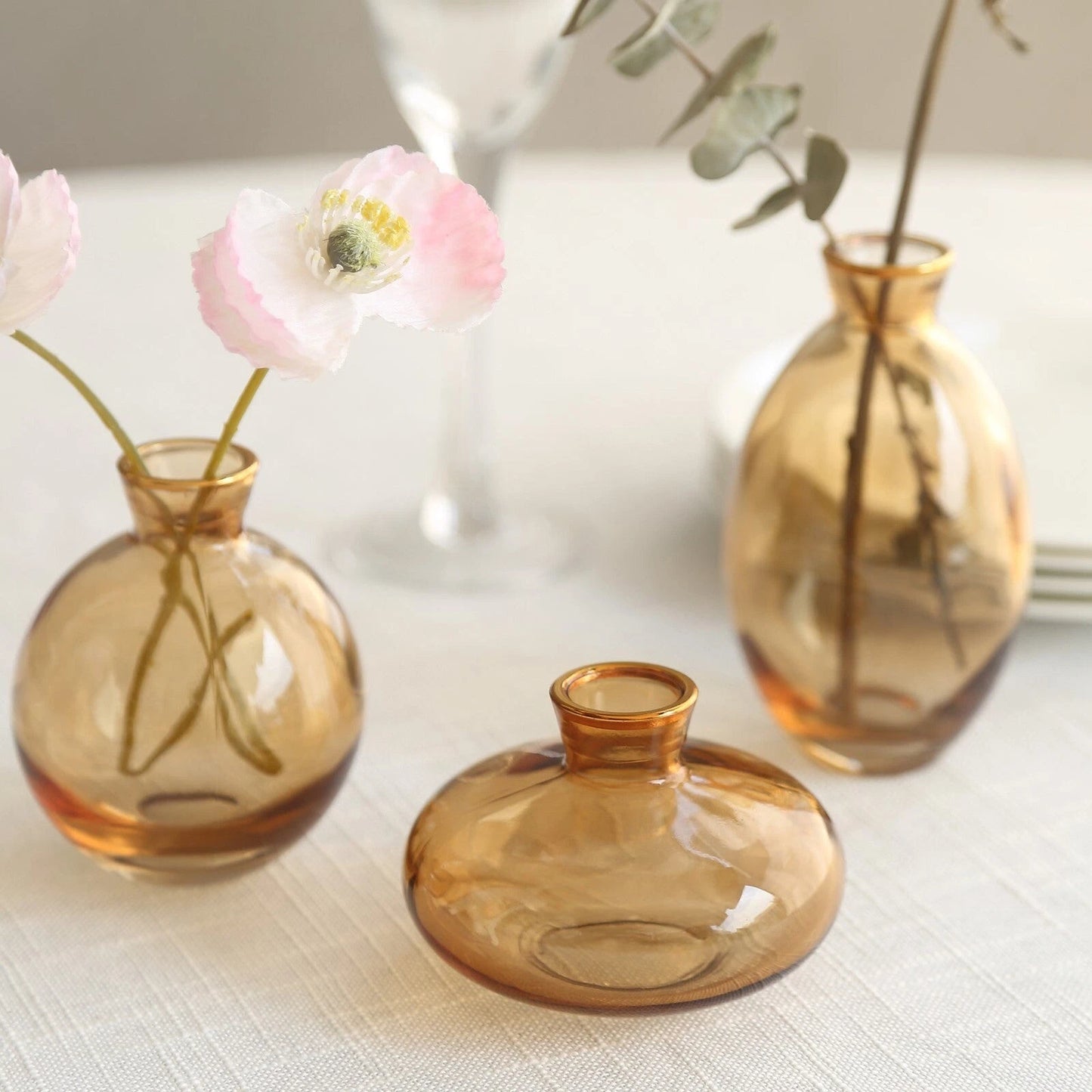 3 Small Gold Glass Vases with Metallic Rim