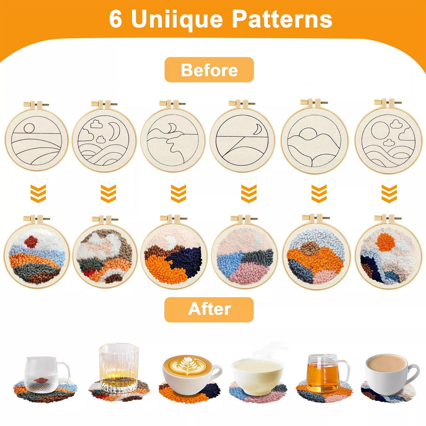 6pcs Punch Needle Coaster Embroidery Kit
