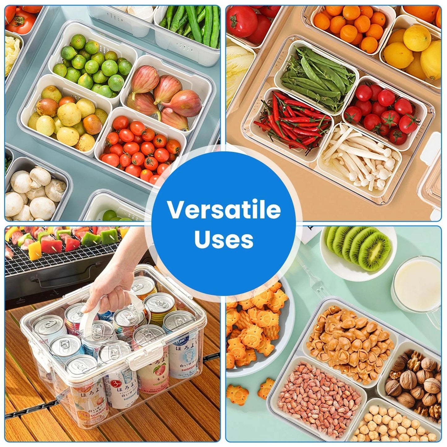 Home Collection  2Pcs 4-Grid Airtight Fruit Storage Containers with Lids