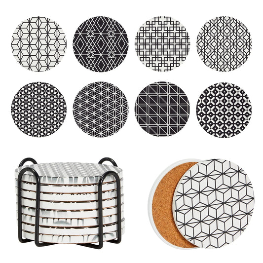 Set of 8 Ceramic Coasters with Holder