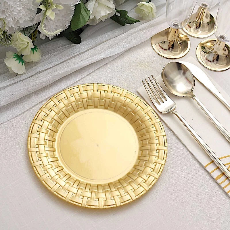 Home Collection 7" Gold Round Plastic Dessert Plates – Basketweave Design Party Tableware