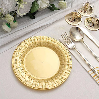 Home Collection 7" Gold Round Plastic Dessert Plates – Basketweave Design Party Tableware