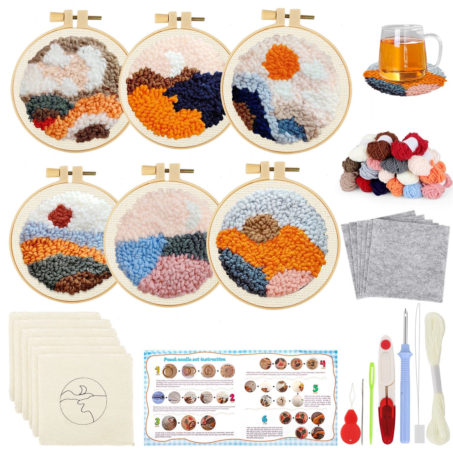 6pcs Punch Needle Coaster Embroidery Kit