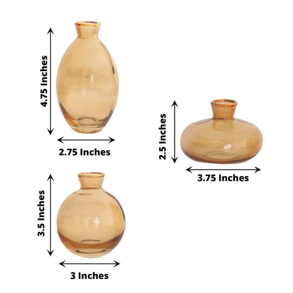 3 Small Gold Glass Vases with Metallic Rim
