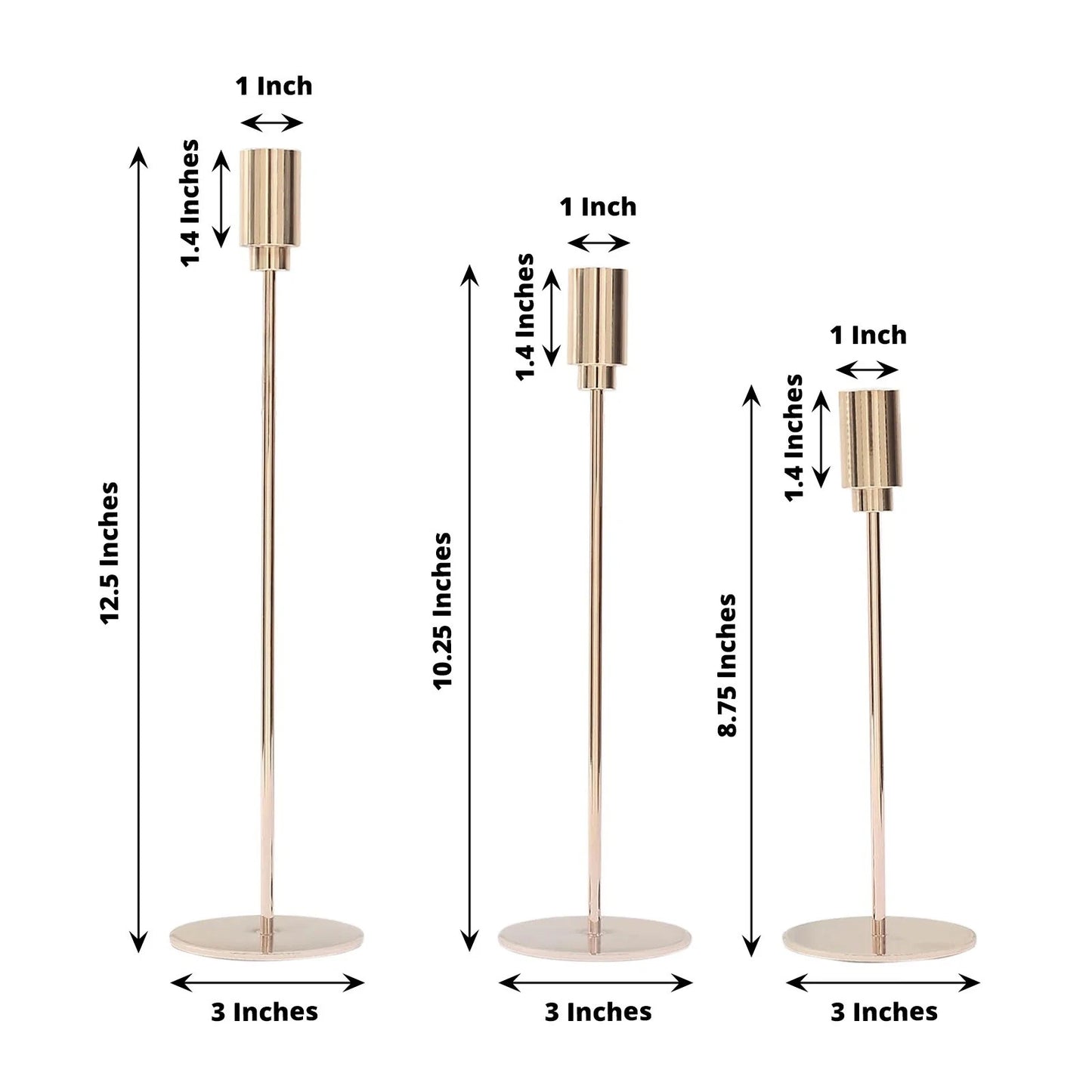 Home Collection 3-Piece Gold Metal Taper Candle Holders with Round Base