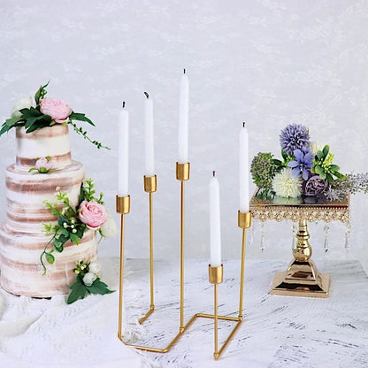 12" Gold 5-Arm Geometric Metal Candelabra – Taper Candle Holder