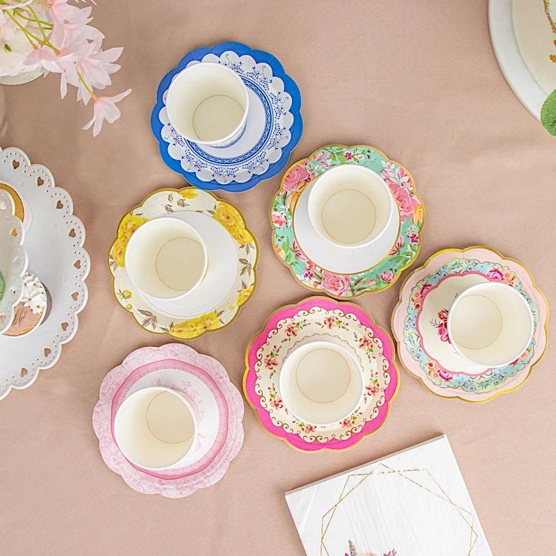 Home Collection 24-Pack Assorted Floral Paper Cups and Saucers Set