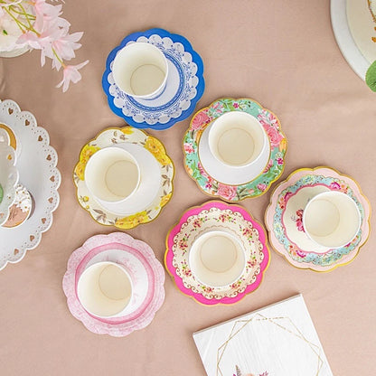Home Collection 24-Pack Assorted Floral Paper Cups and Saucers Set