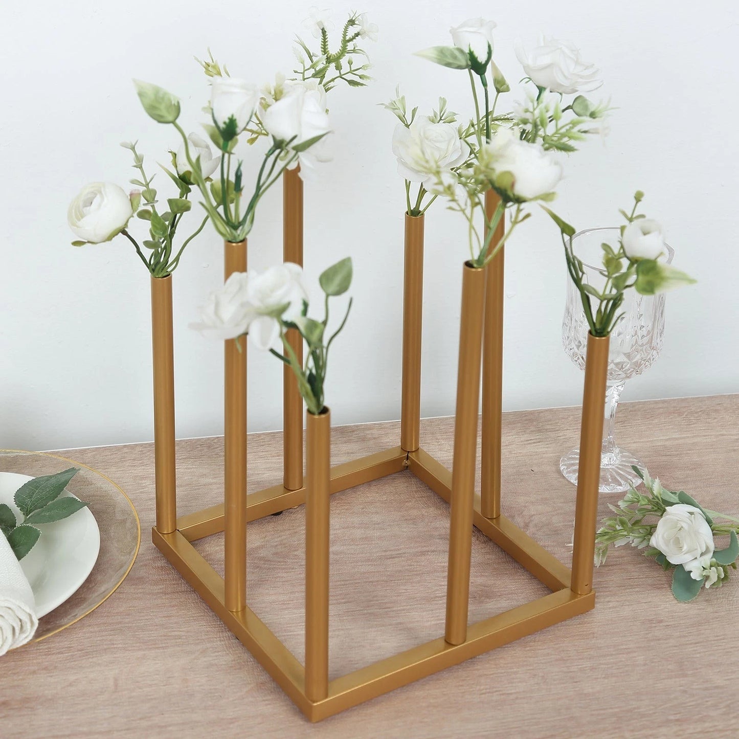 10" Gold Round 8-Tube Minimalist Metal Flower Vase