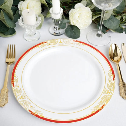 Home Collection 10" White Round Salad Plates with Red Gold Trim
