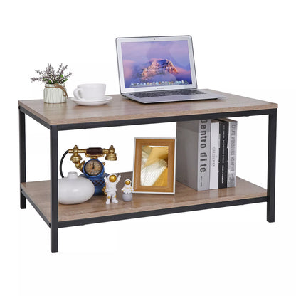 2-Tier Rectangle Wood Coffee Table with Open Shelf