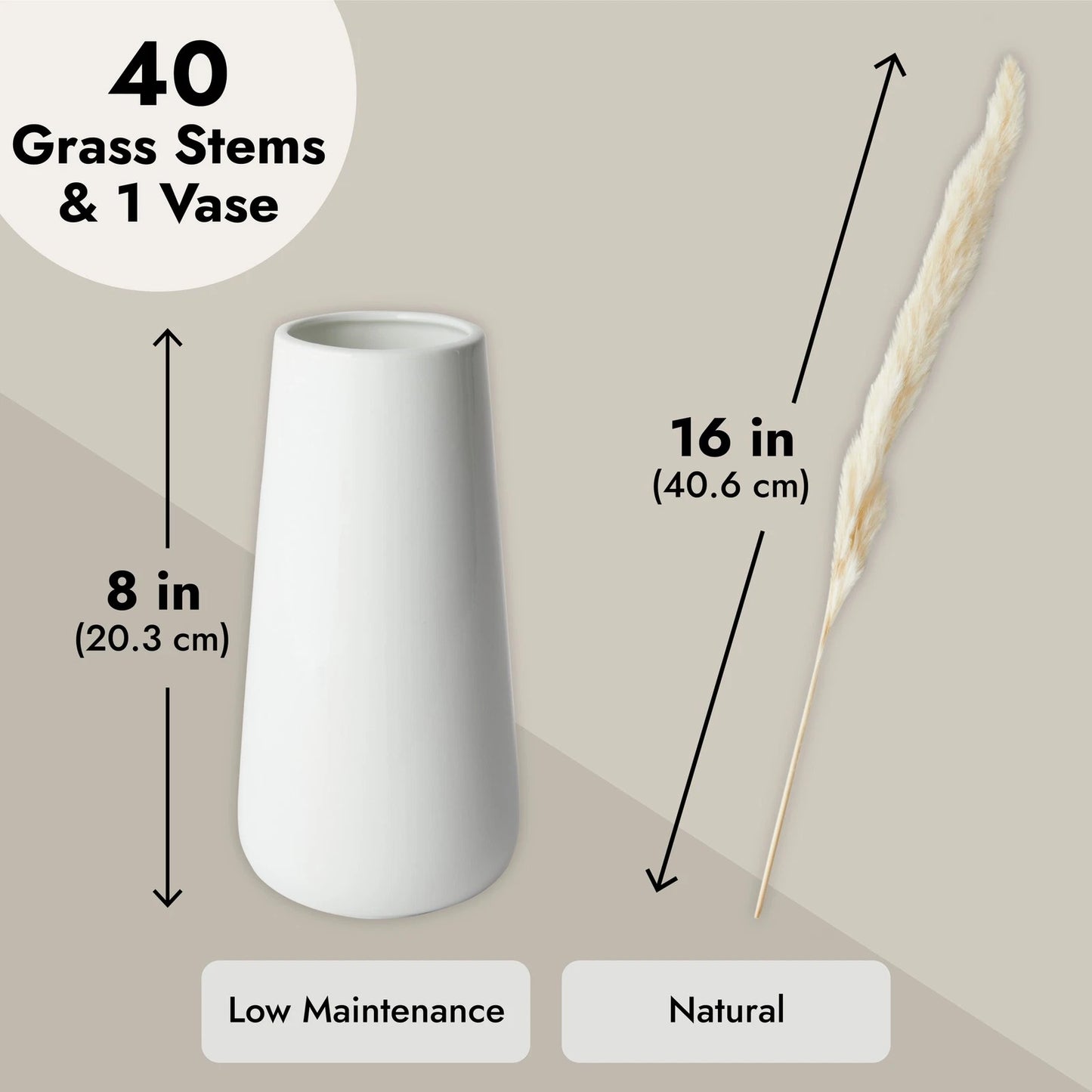40-Piece Natural Dried Pampas Grass with White Ceramic Vase