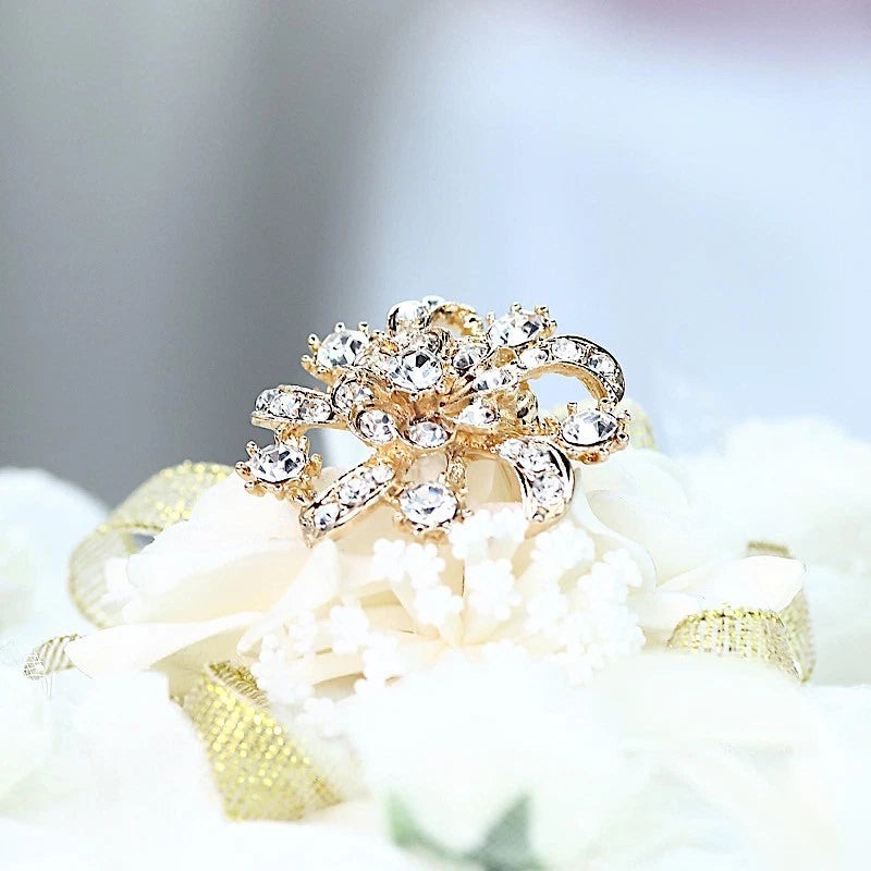 Home Collection 5-Piece Gold Metal Floral Brooch Pins – Rhinestone Wedding & Event Decorations