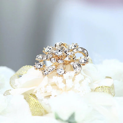 Home Collection 5-Piece Gold Metal Floral Brooch Pins – Rhinestone Wedding & Event Decorations